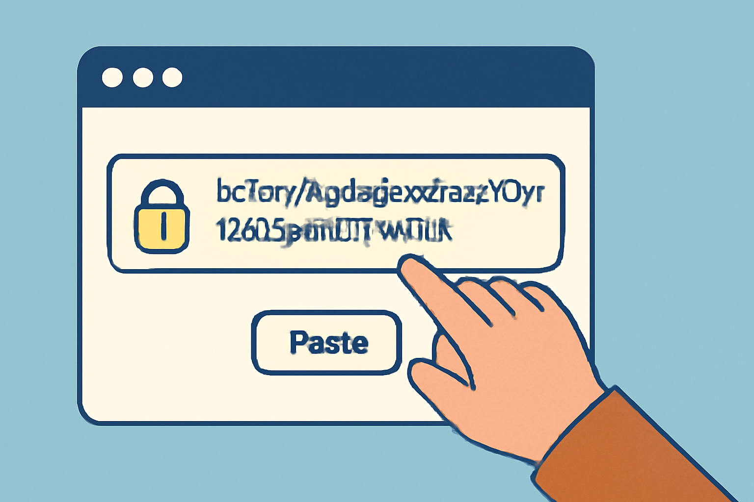 A hand pasting a crypto wallet address into a secure, official-looking website input box, with a lock icon for safety.