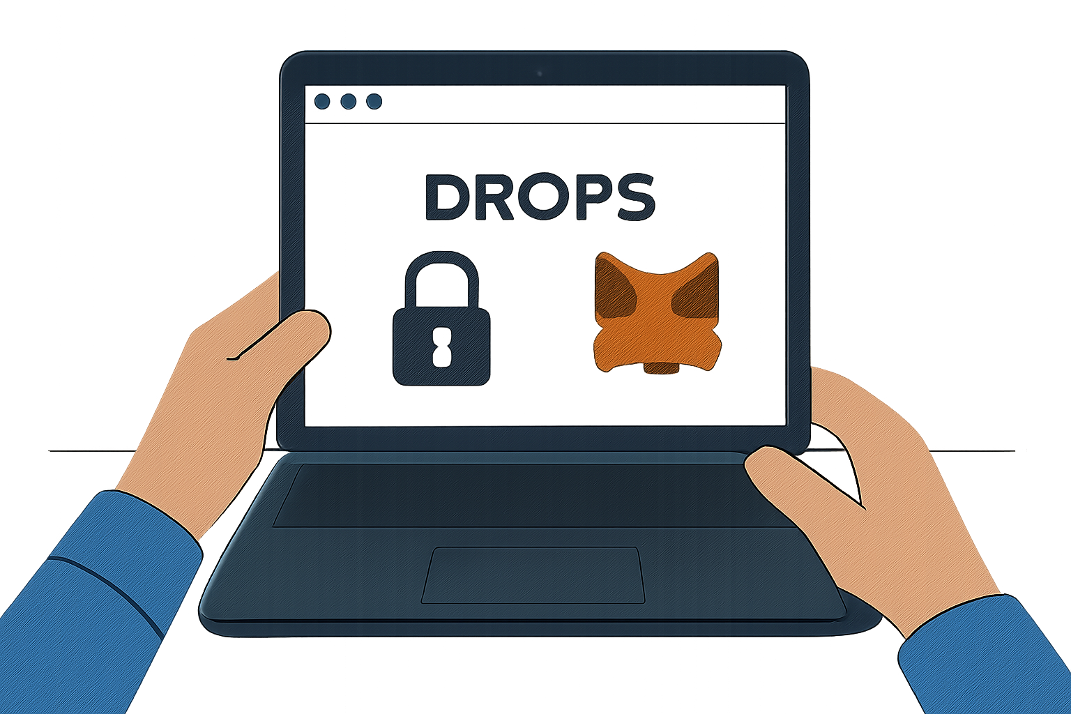 A user opening a laptop with the Drops website and MetaMask logo visible, emphasizing security and trust, in a clean, modern style.