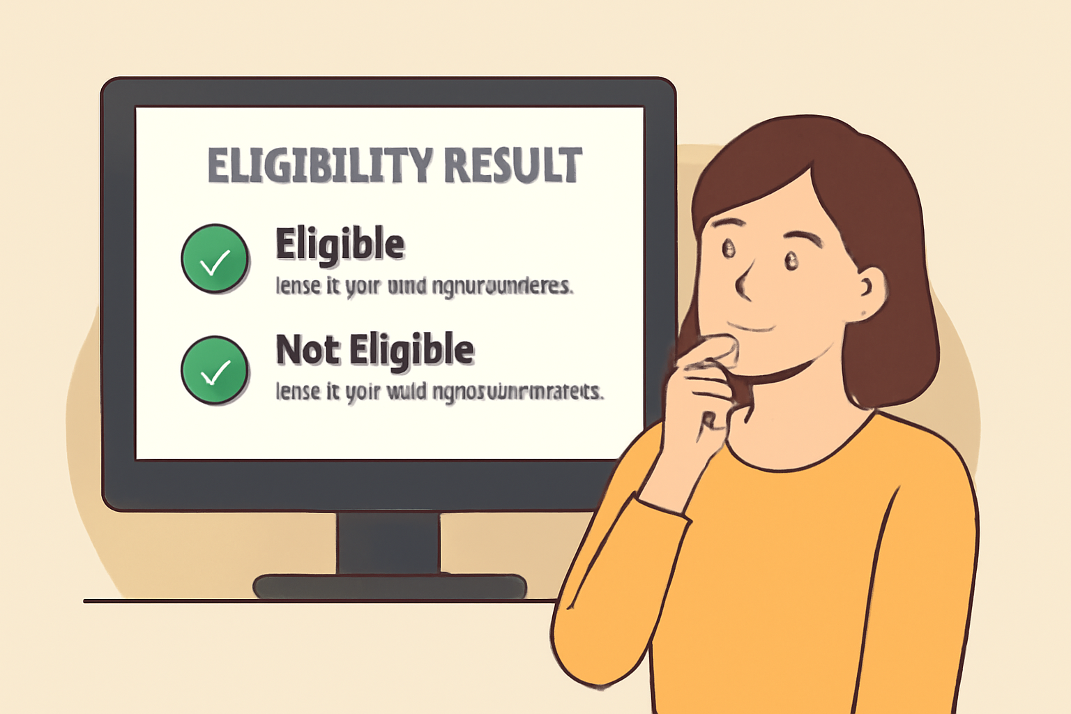 A computer screen showing a clear eligibility result (eligible/not eligible) with checkmarks and informative text, user looking thoughtful.