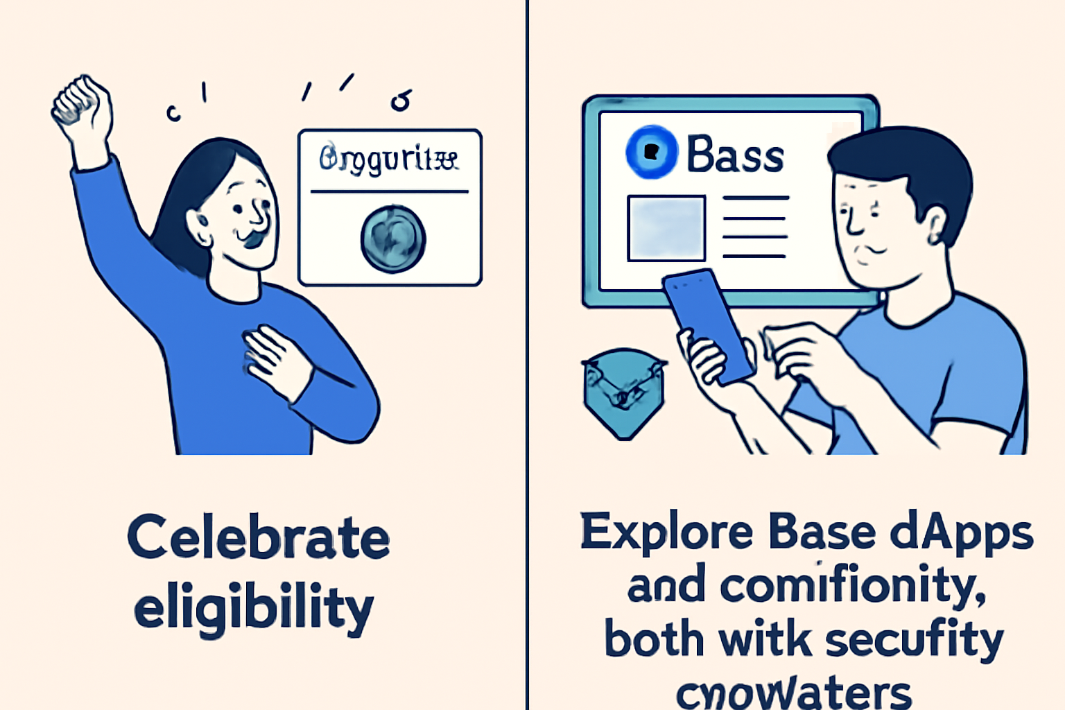 A split scene: on one side, a user celebrating eligibility; on the other, a user exploring Base dApps and community, both with security reminders.