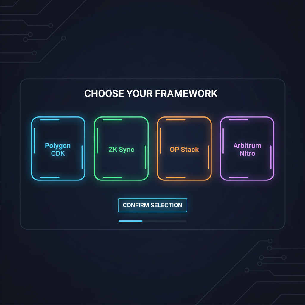 futuristic dashboard signup selecting Polygon CDK ZK OP Arbitrum frameworks neon UI