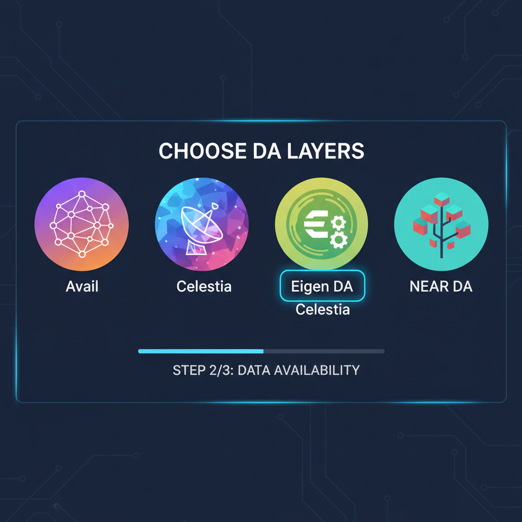 blockchain config panel choosing Avail Celestia Eigen NEAR DA layers icons high-tech
