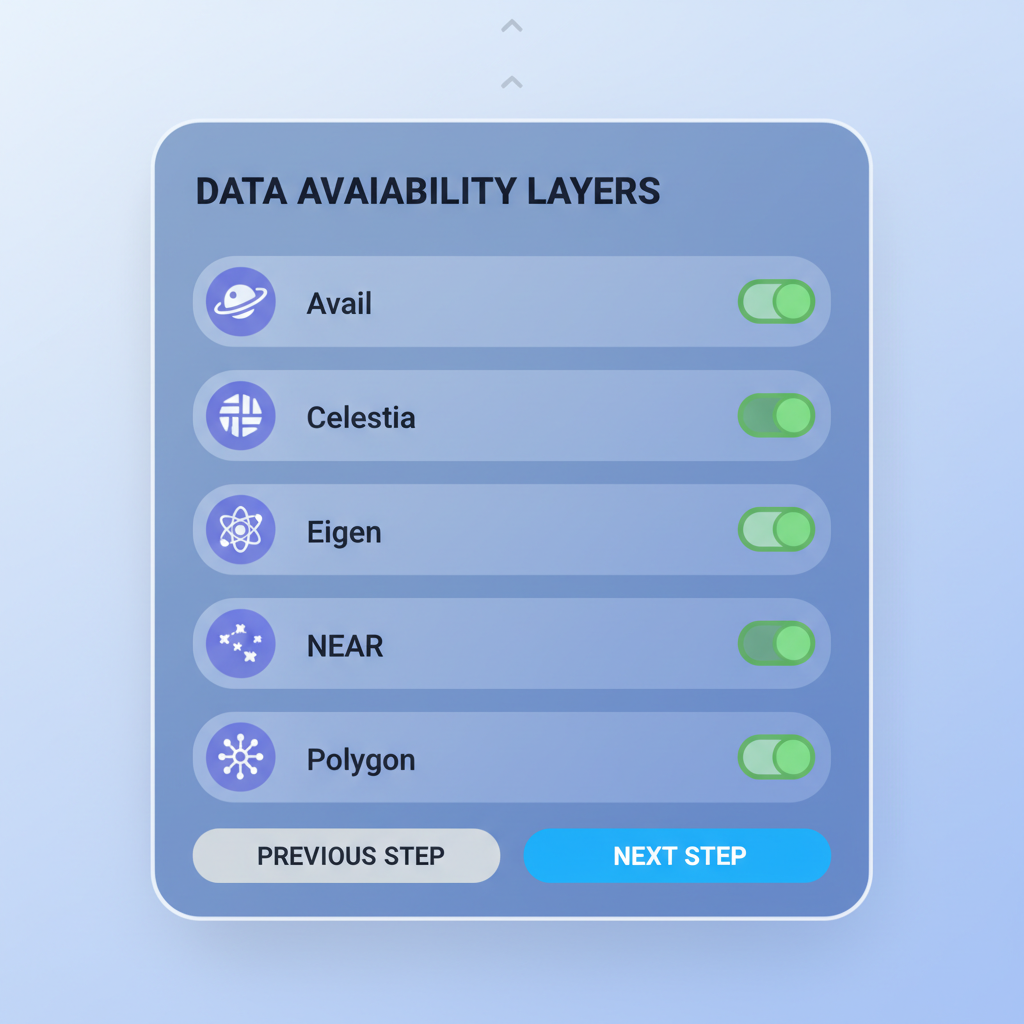 options panel for DA layers Avail Celestia Eigen NEAR, clean tech UI
