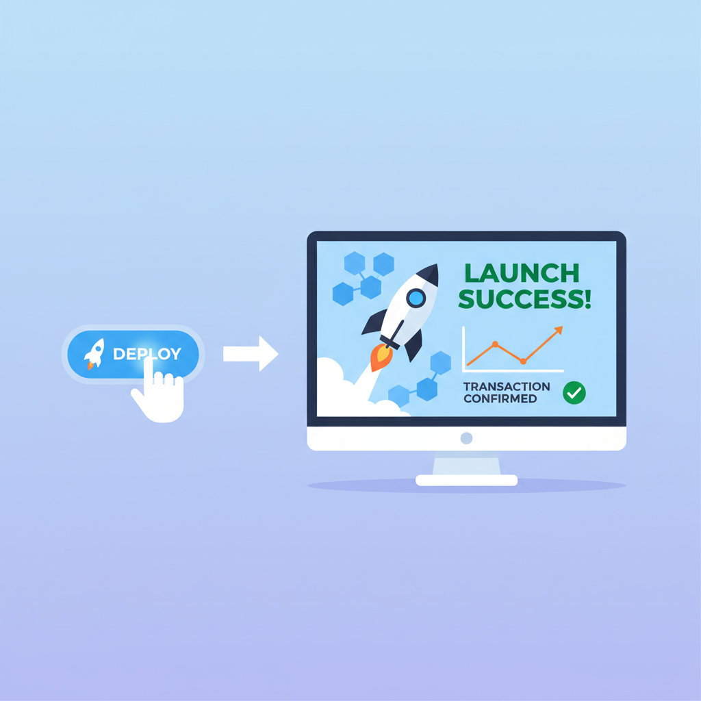 deploy button blockchain dashboard rocket launch success animation futuristic