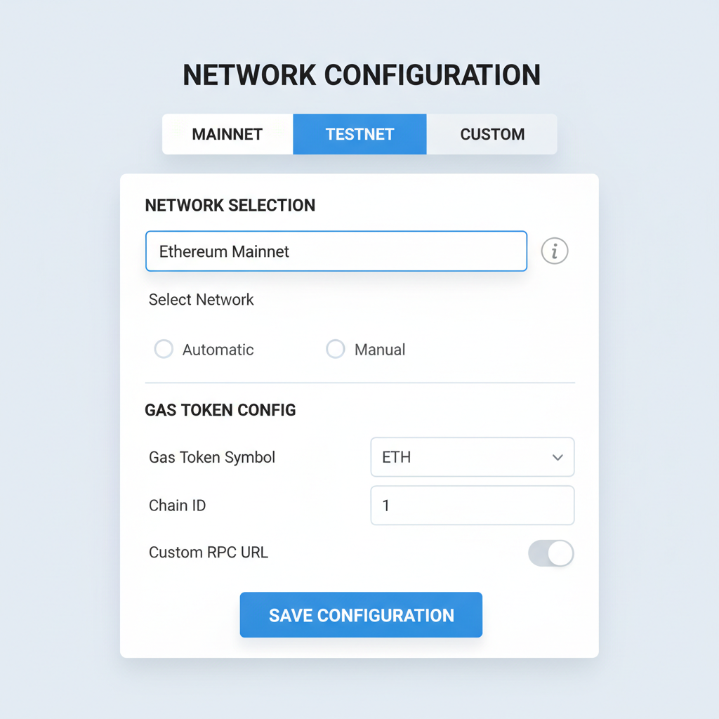 network selection mainnet testnet and gas token config form, precise UI elements