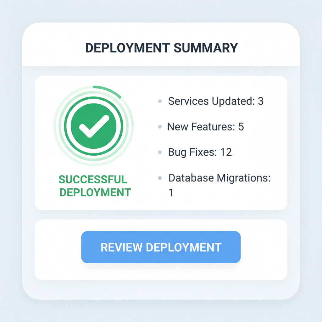 deployment summary screen with review button, success animation preview