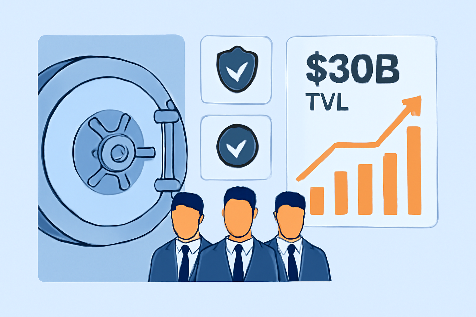 A secure vault with institutional investors, compliance badges, and a graph showing $30 billion TVL growth.