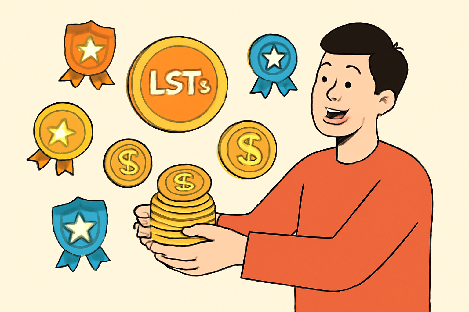 A user happily collecting various tokens and rewards, with LSTs at the center and loyalty badges floating around.