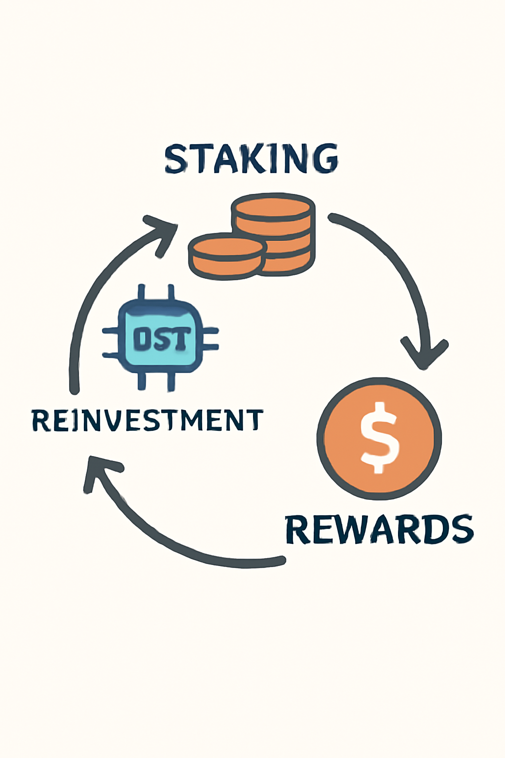 A circular flywheel diagram with arrows showing reinvestment of rewards leading back to staking and DeFi participation.