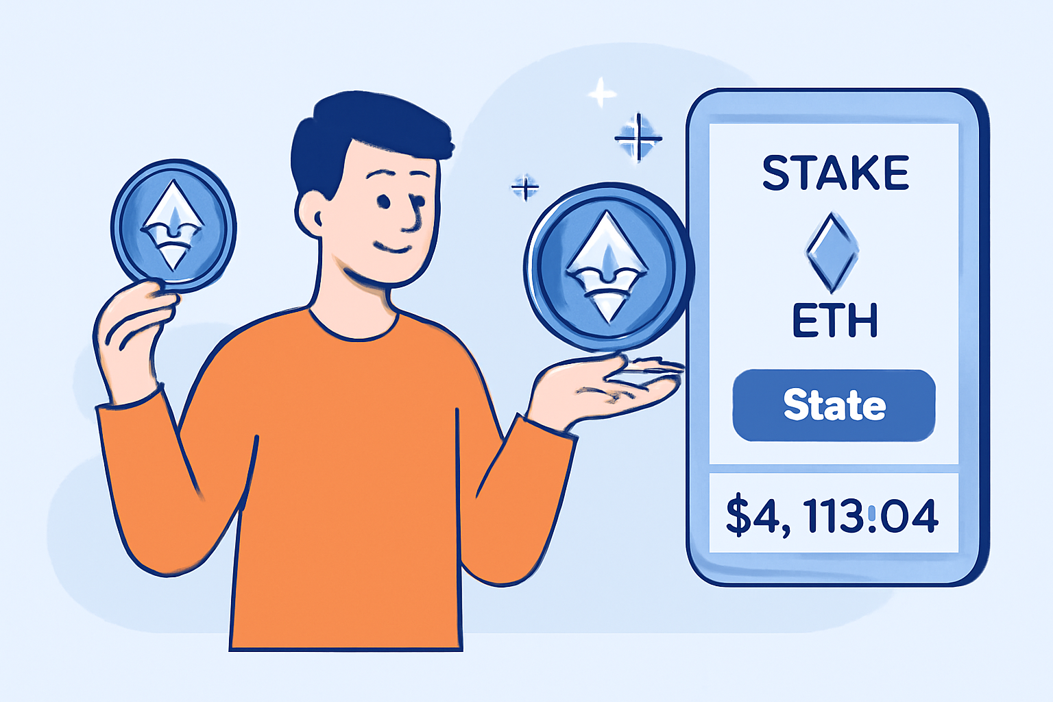 A user staking Ethereum on a DeFi platform, receiving a shiny stETH token in return, with ETH price displayed as $4,113.04.
