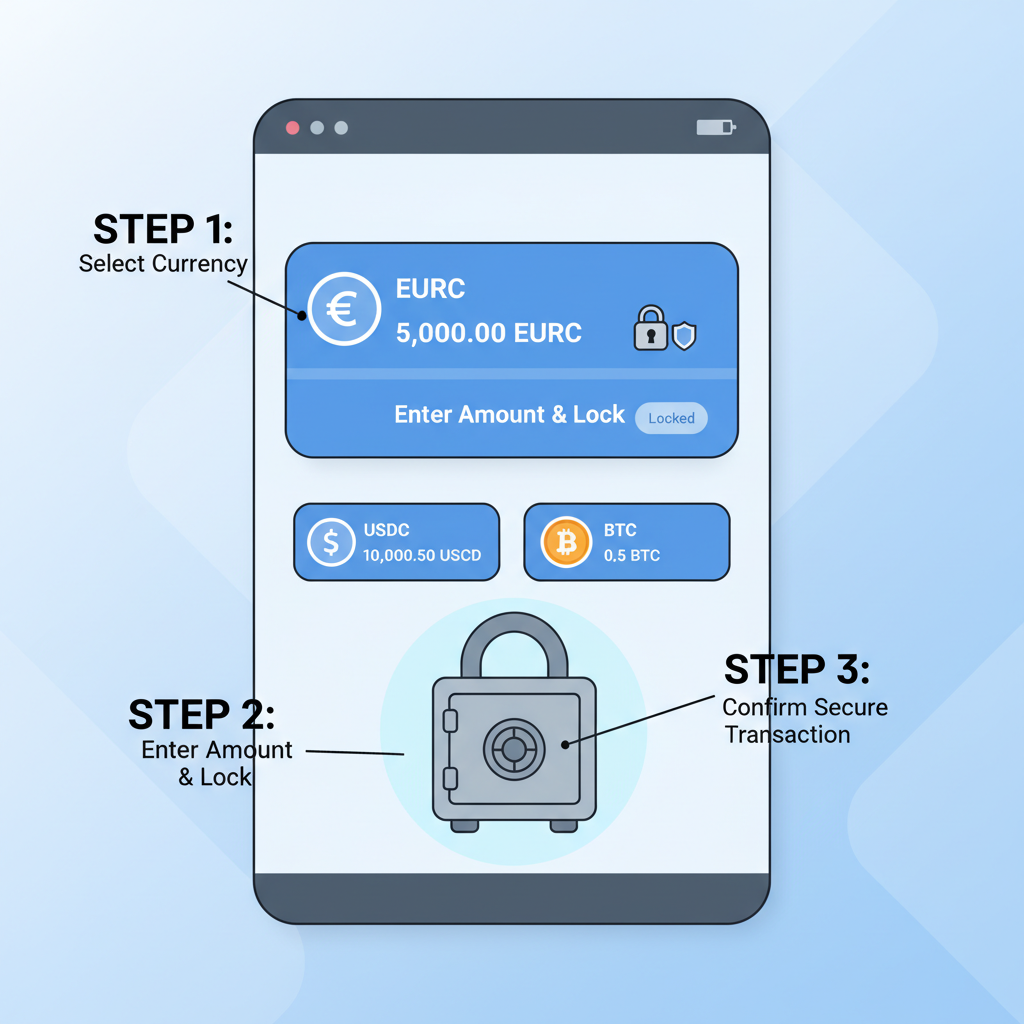 secure multi-currency crypto wallet interface with EURC, locked safe icon, modern design