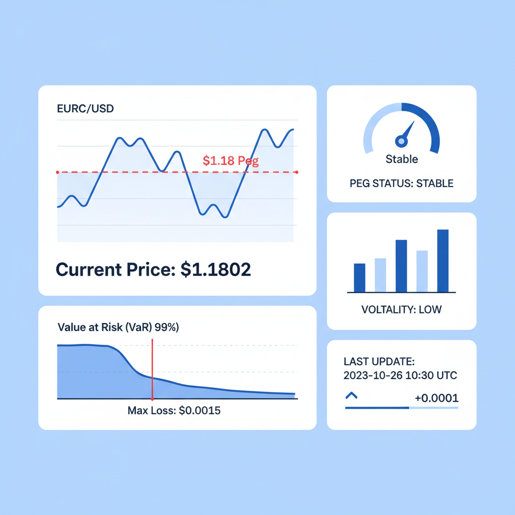 chart monitoring EURC price peg at $1.18 with VaR graph, financial dashboard, blue tones