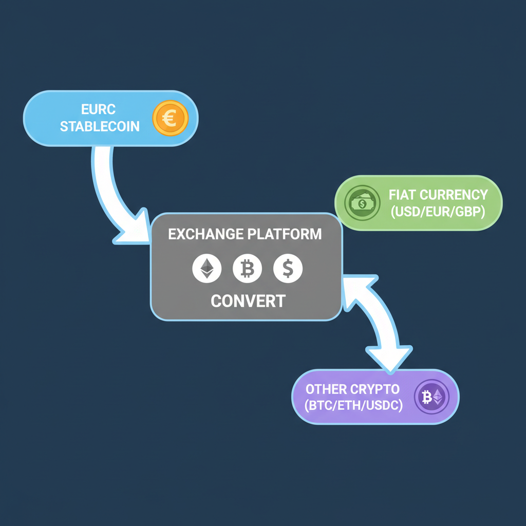 converting EURC stablecoin to fiat or other crypto, exchange interface, arrows showing flow