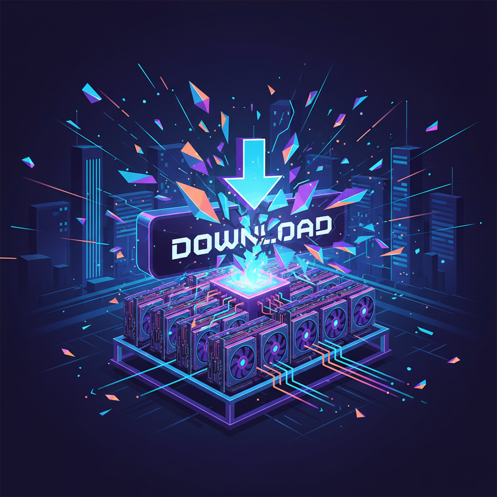 sleek futuristic download button exploding into GPU rig, cyberpunk neon glow, high energy