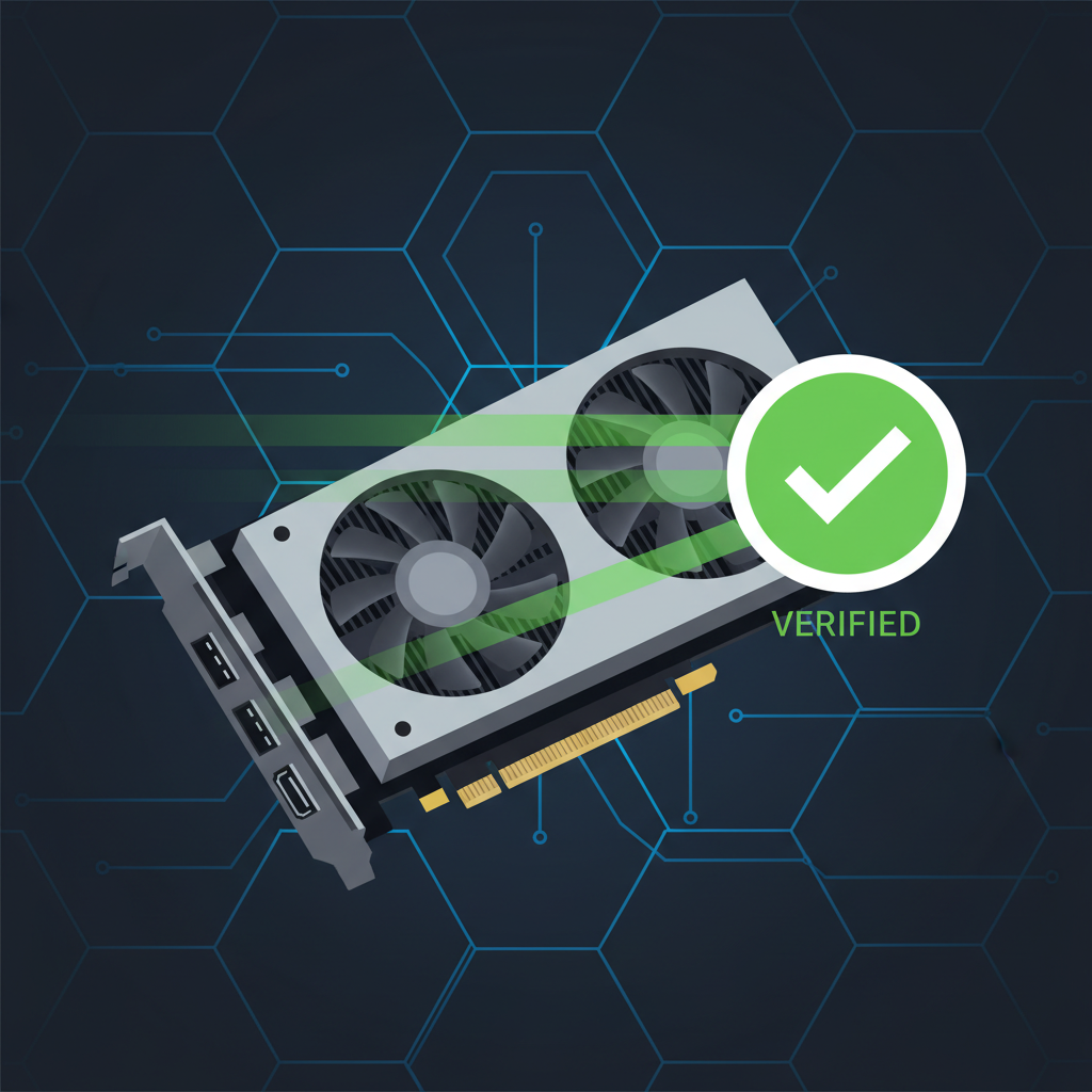 RTX GPU card glowing green verified badge, scanning beams, dark tech background