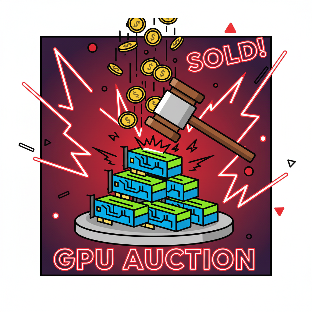 auction hammer slamming on bidding GPUs, money raining, aggressive red neon