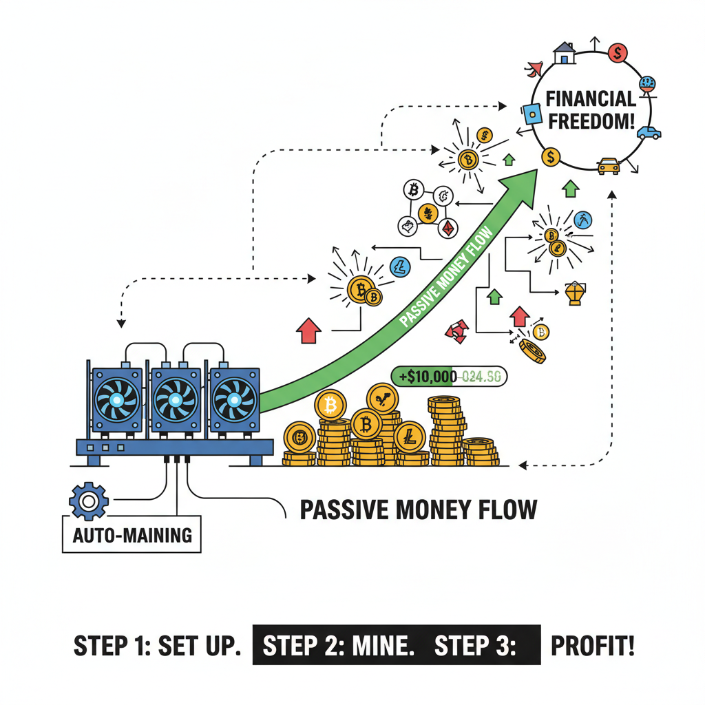 idle GPU rig auto-mining coins stacking up, passive money flow chart exploding