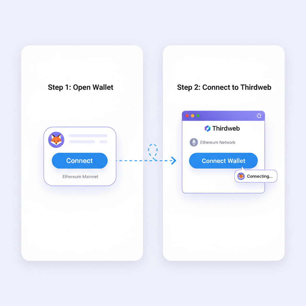 user connecting MetaMask wallet to Thirdweb dashboard, Ethereum network, clean futuristic UI