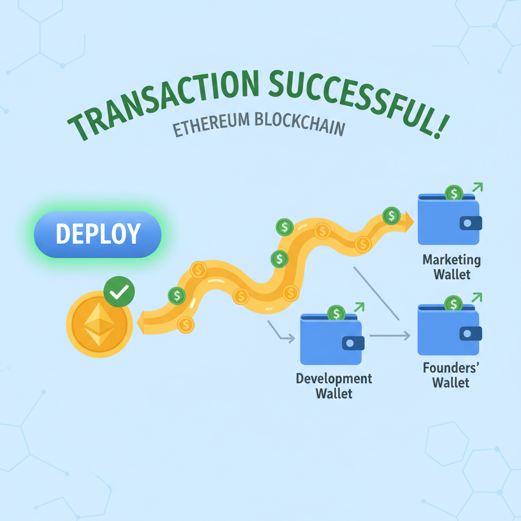 deploy button success, Ethereum blockchain transaction, revenue flowing to multiple wallets animation
