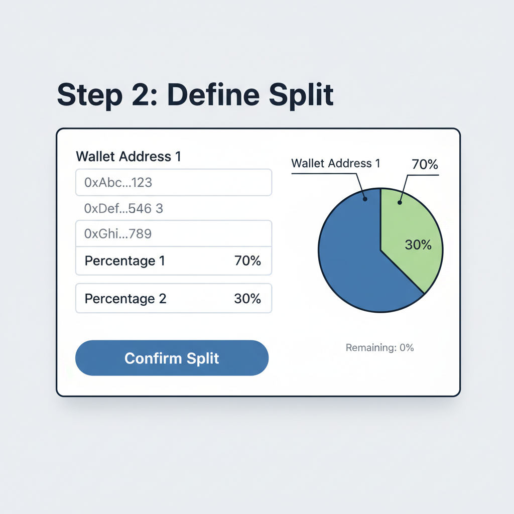 filling form with wallet addresses and 70-30 percentage pie chart in split contract UI