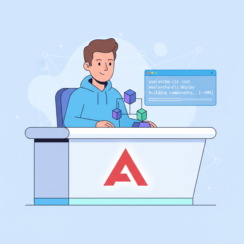 professional developer assembling blockchain toolkit on futuristic desk with Avalanche logo and CLI terminal