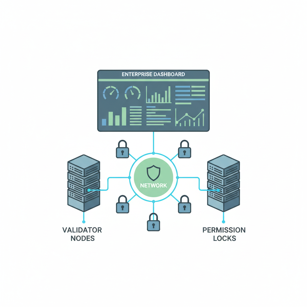 Validator nodes securing network, permission locks, enterprise dashboard