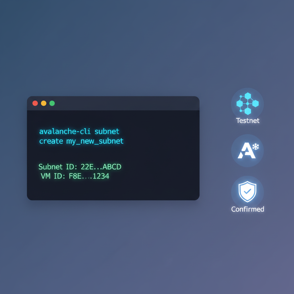 Command line creating Avalanche subnet, code glowing, testnet icons