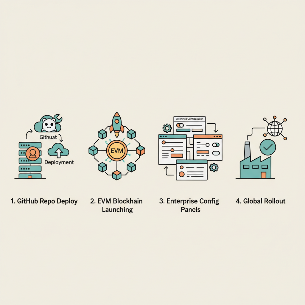 GitHub repo deploy, EVM blockchain launching, enterprise config panels