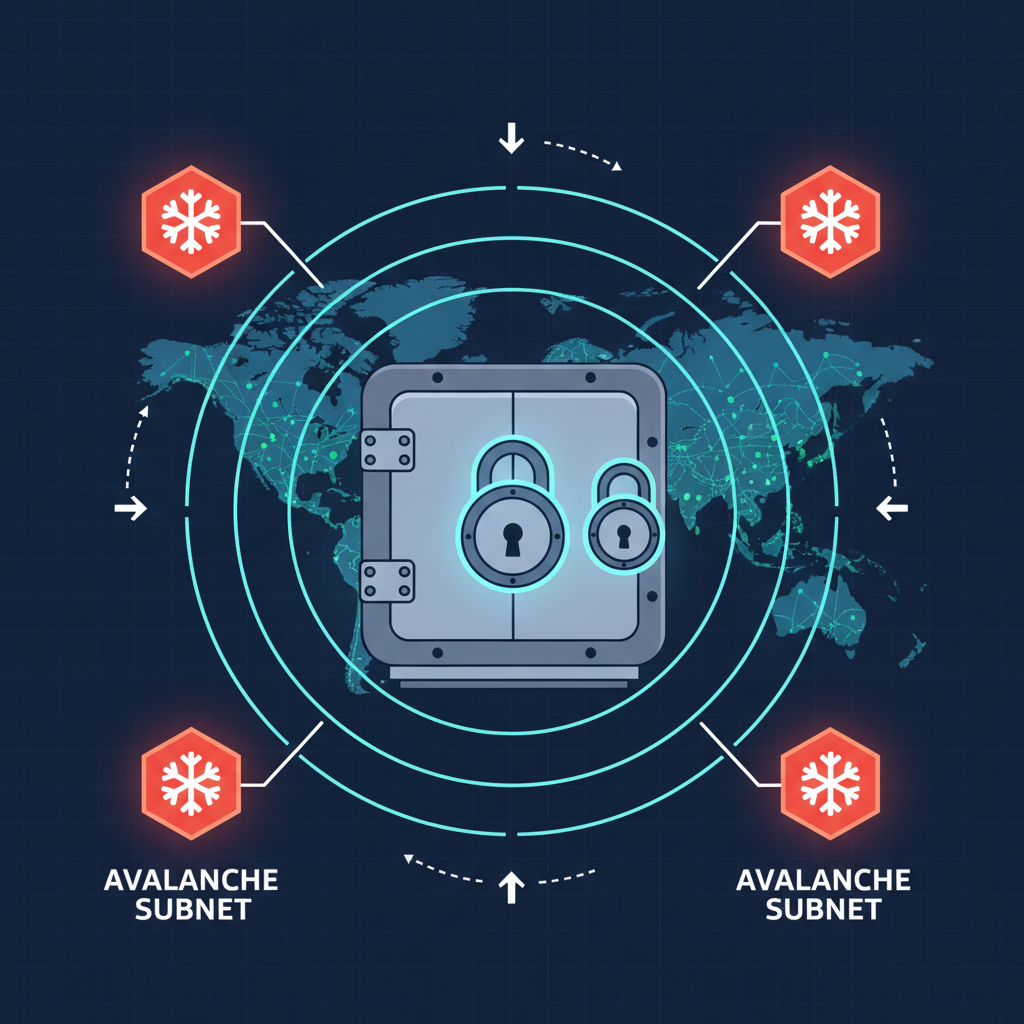 secure enterprise blockchain vault with locks, geofencing maps, and Avalanche subnet nodes glowing