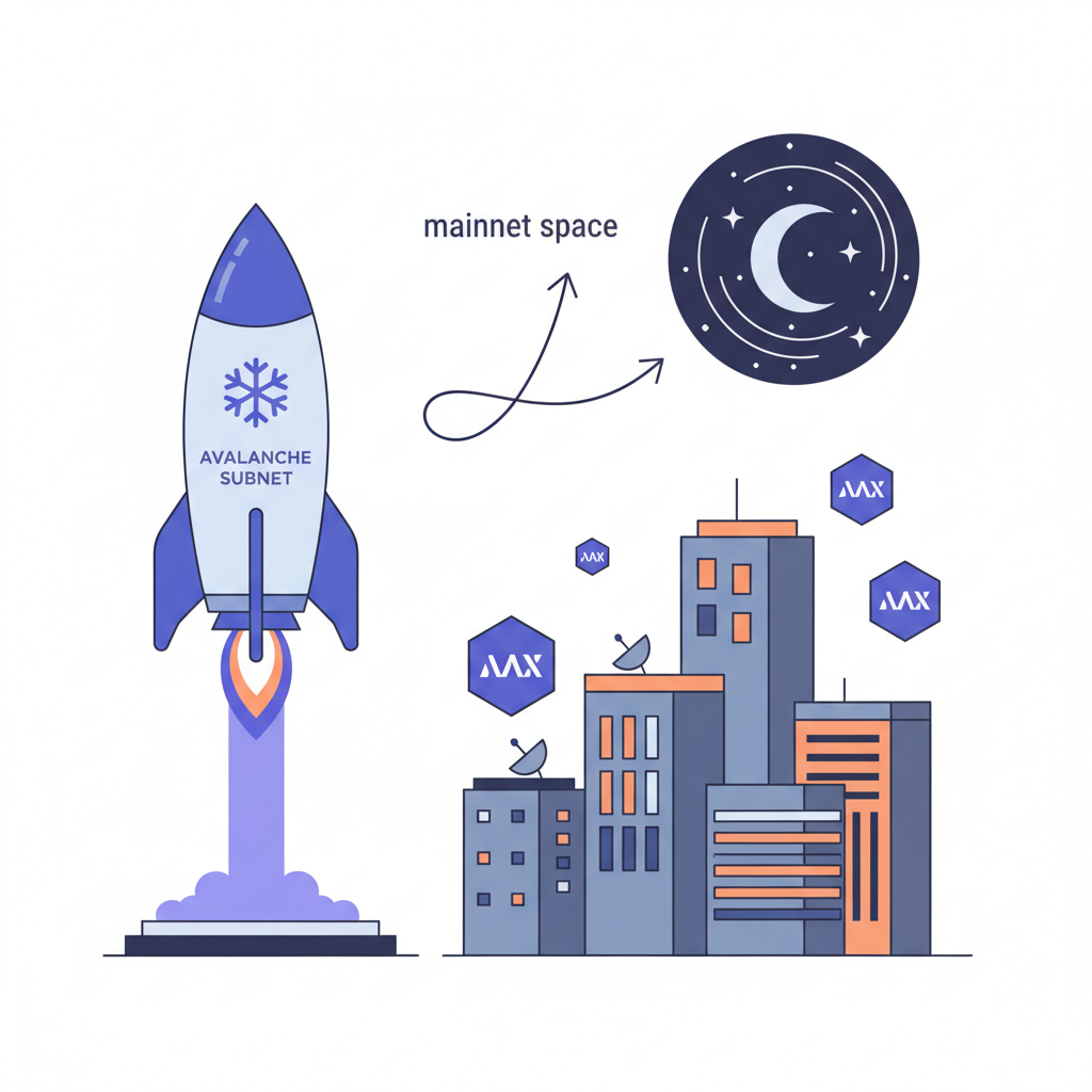 rocket launching custom Avalanche subnet into mainnet space with enterprise buildings and AVAX tokens