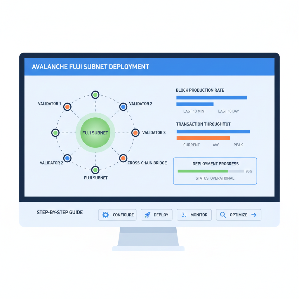 testnet prototyping screen showing Avalanche Fuji subnet deployment with graphs and nodes connecting