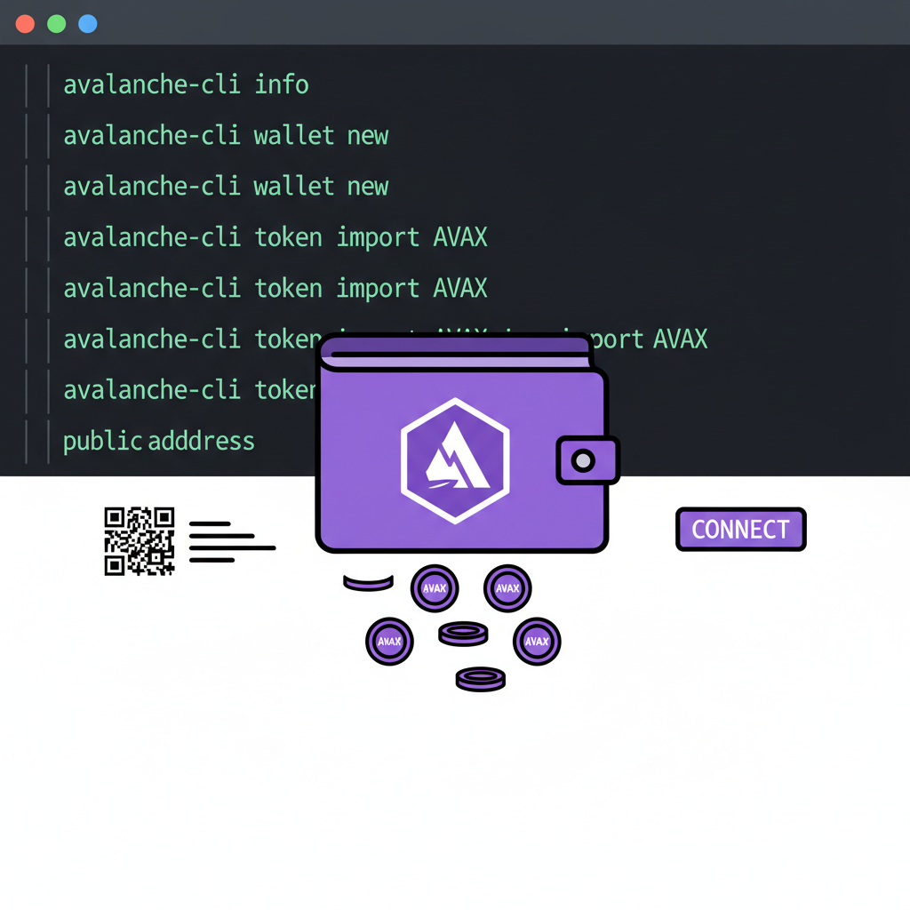 Wallet setup with Avalanche logo, AVAX tokens, CLI terminal background