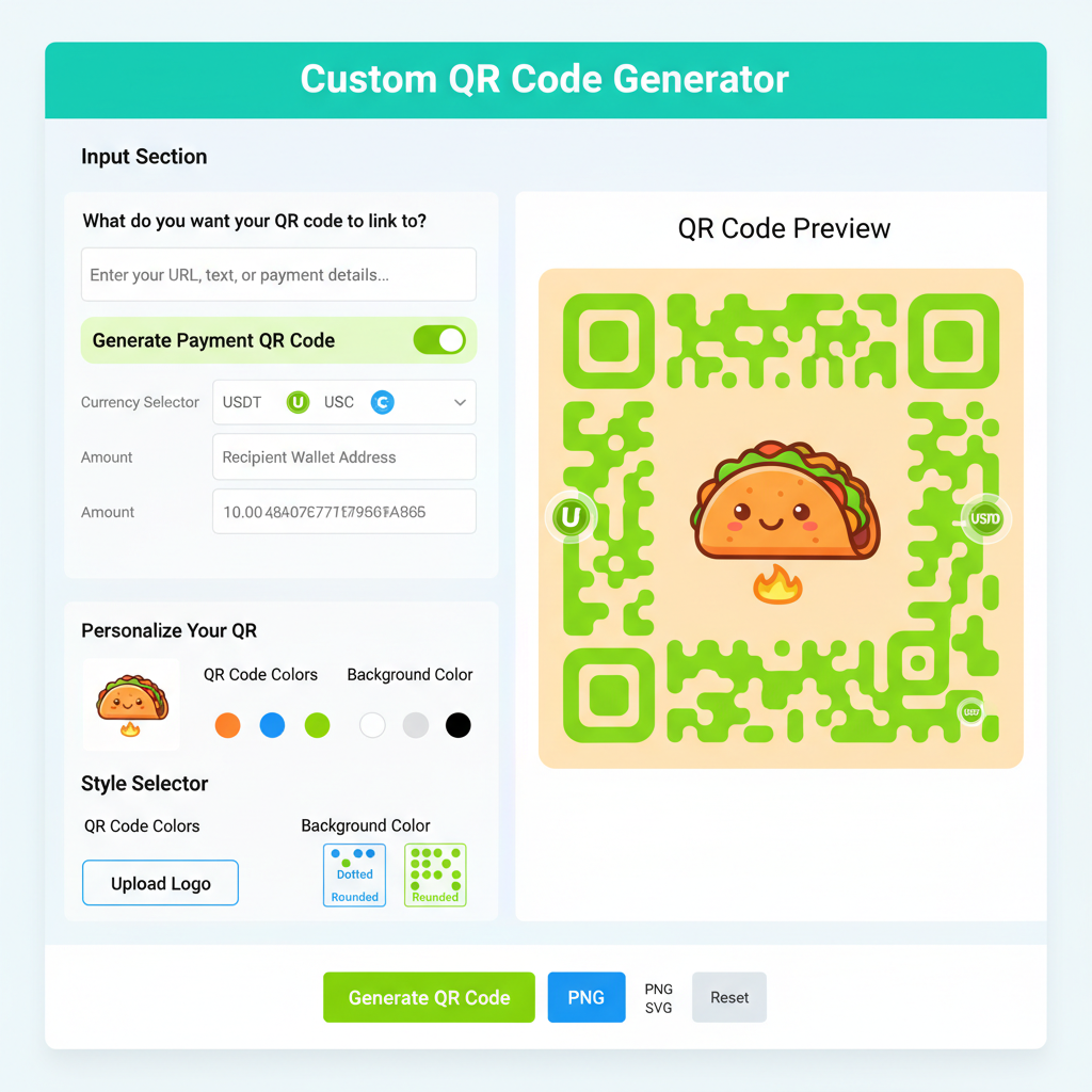 custom QR code generator screen, vibrant personalized QR with taco stall logo, USDT USDC symbols