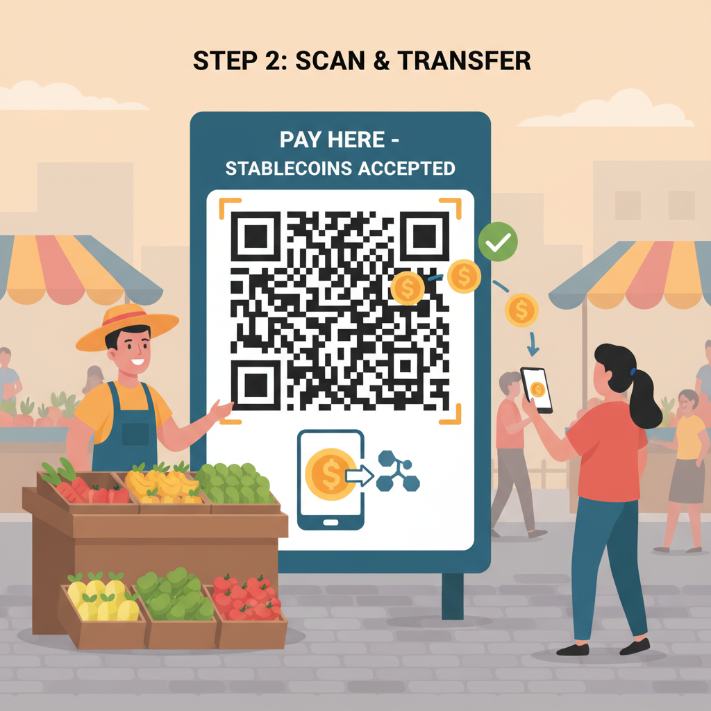busy street market vendor with huge QR code sign, customer scanning with phone, stablecoins transferring