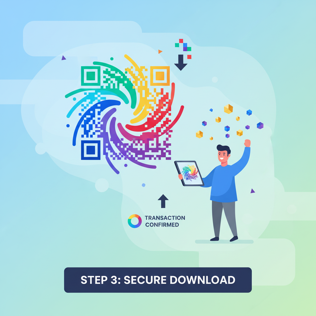 freshly generated colorful QR code downloading, merchant fist-pumping, crypto sparks flying