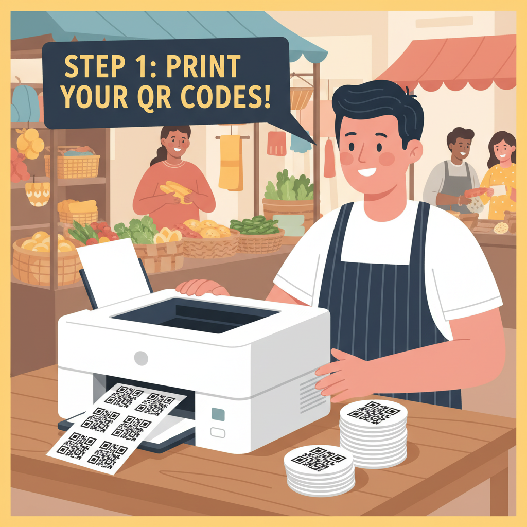 merchant printing QR code stickers on home printer, stack of waterproof labels, bustling market stall