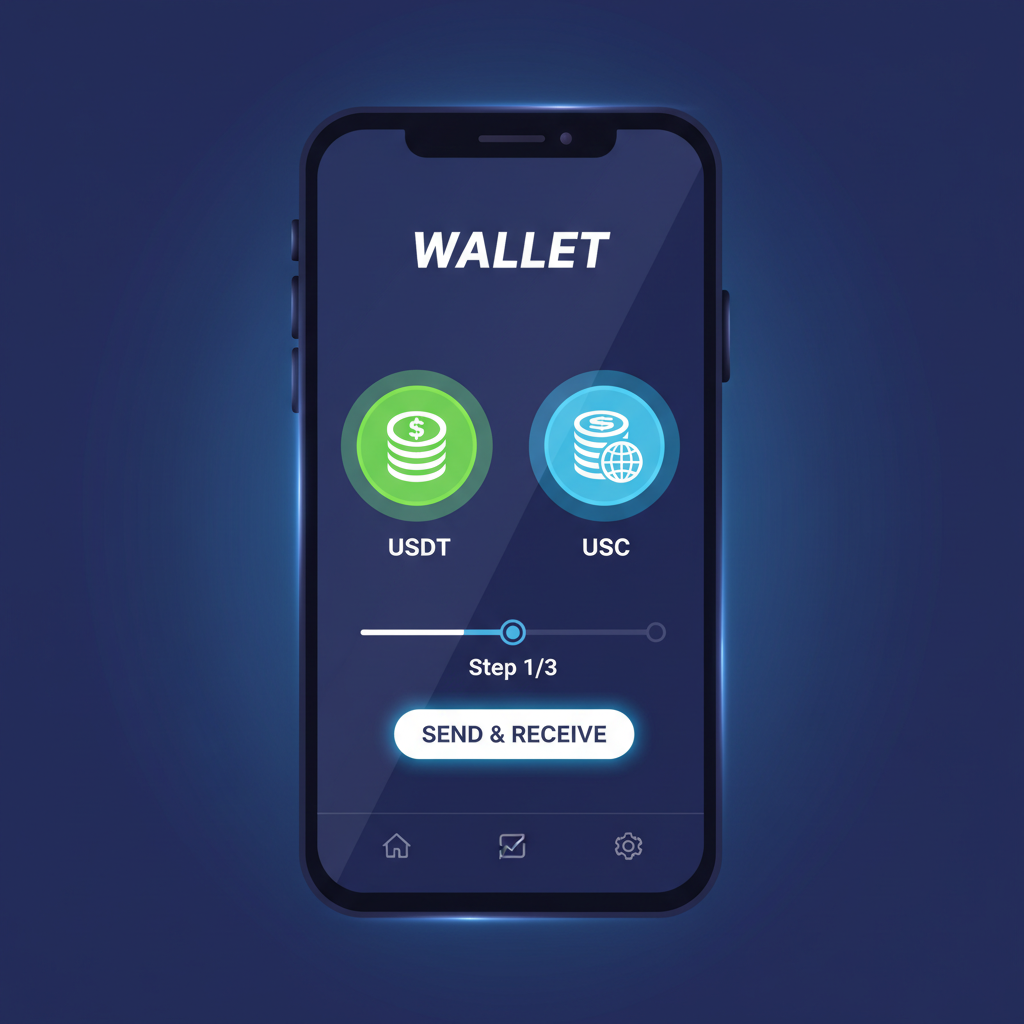 sleek crypto wallet interface on phone, USDT and USDC icons stacking coins, futuristic glow