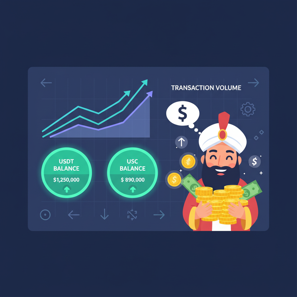 dashboard with rising transaction graphs, USDT USDC balances glowing green, happy merchant counting profits