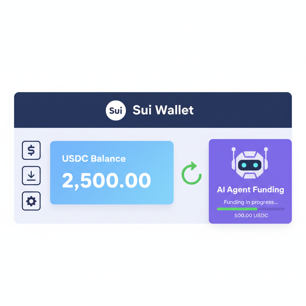 sui blockchain wallet dashboard showing usdc balance funding ai agent