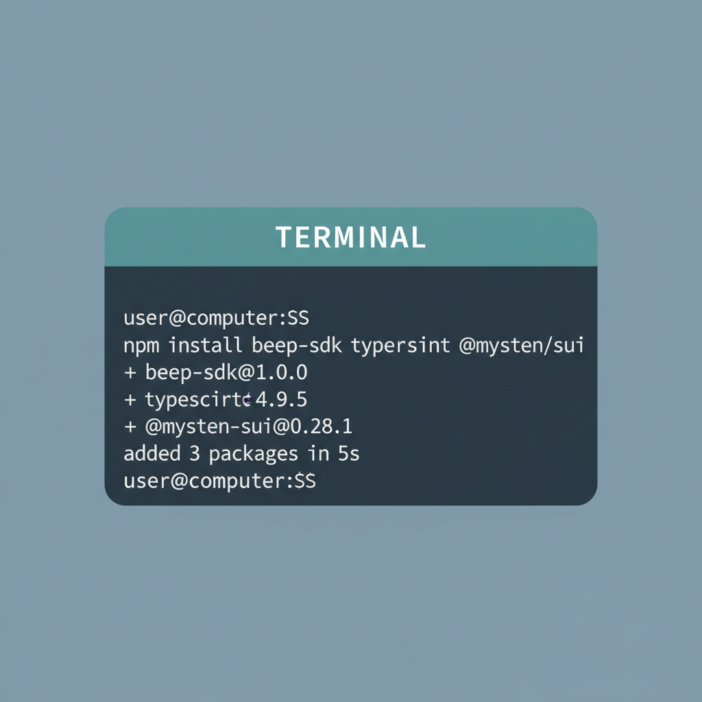 clean terminal screenshot installing npm package beep-sdk typescript sui network