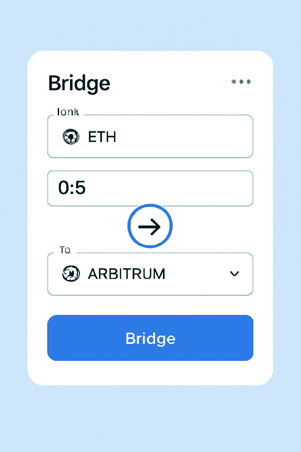 Bridging ETH to Arbitrum network via official bridge UI, clean DeFi interface, blue tones