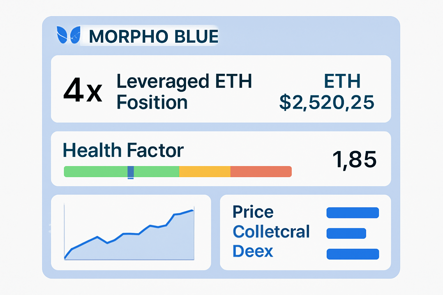 Morpho Blue dashboard showing 4x leveraged ETH position, health factor monitor, charts