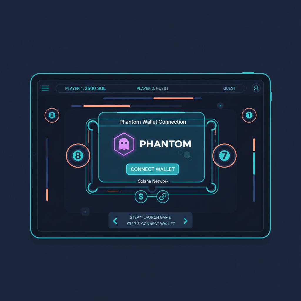 sleek Phantom wallet connection interface on Solana 8-ball pool game dashboard, futuristic UI, neon accents
