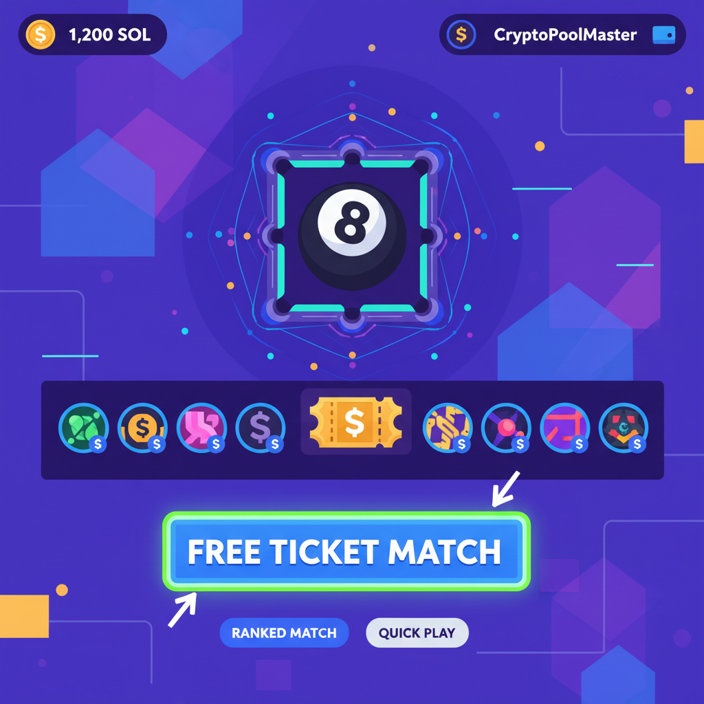 vibrant 8-ball pool game lobby screen with free ticket match button highlighted, Solana blockchain theme