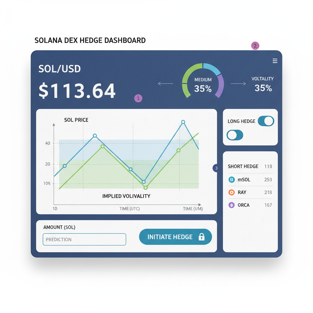 crypto hedging dashboard on Solana DEX with volatility charts, SOL price $113.64