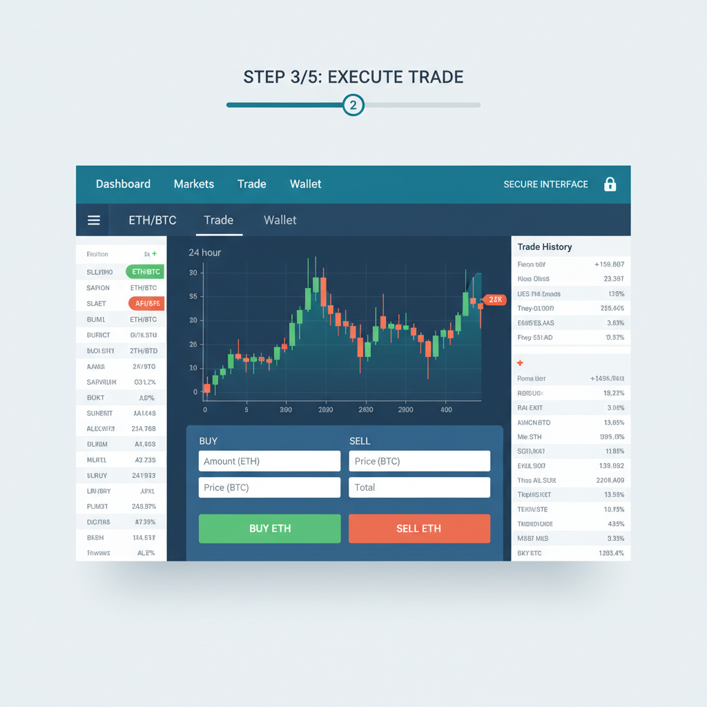 professional crypto exchange dashboard with ETH trading pair, secure interface, modern UI