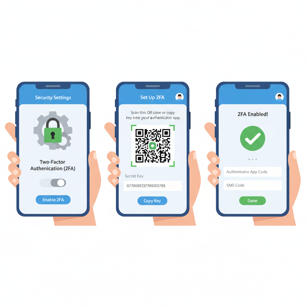 user enabling 2FA on crypto exchange app, security settings screen