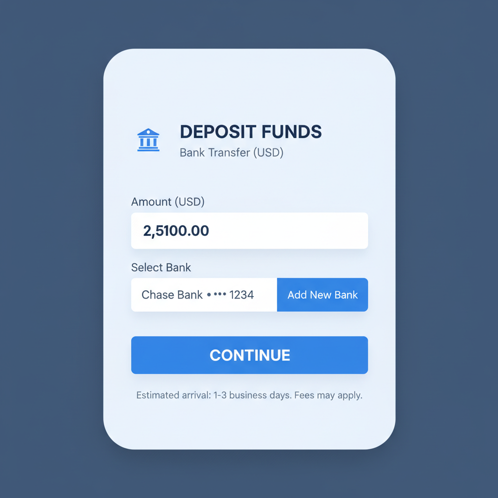 bank transfer to crypto exchange, fiat deposit screen with USD