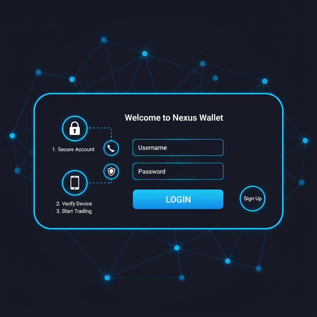 modern crypto dashboard login screen, clean UI, blue neon accents