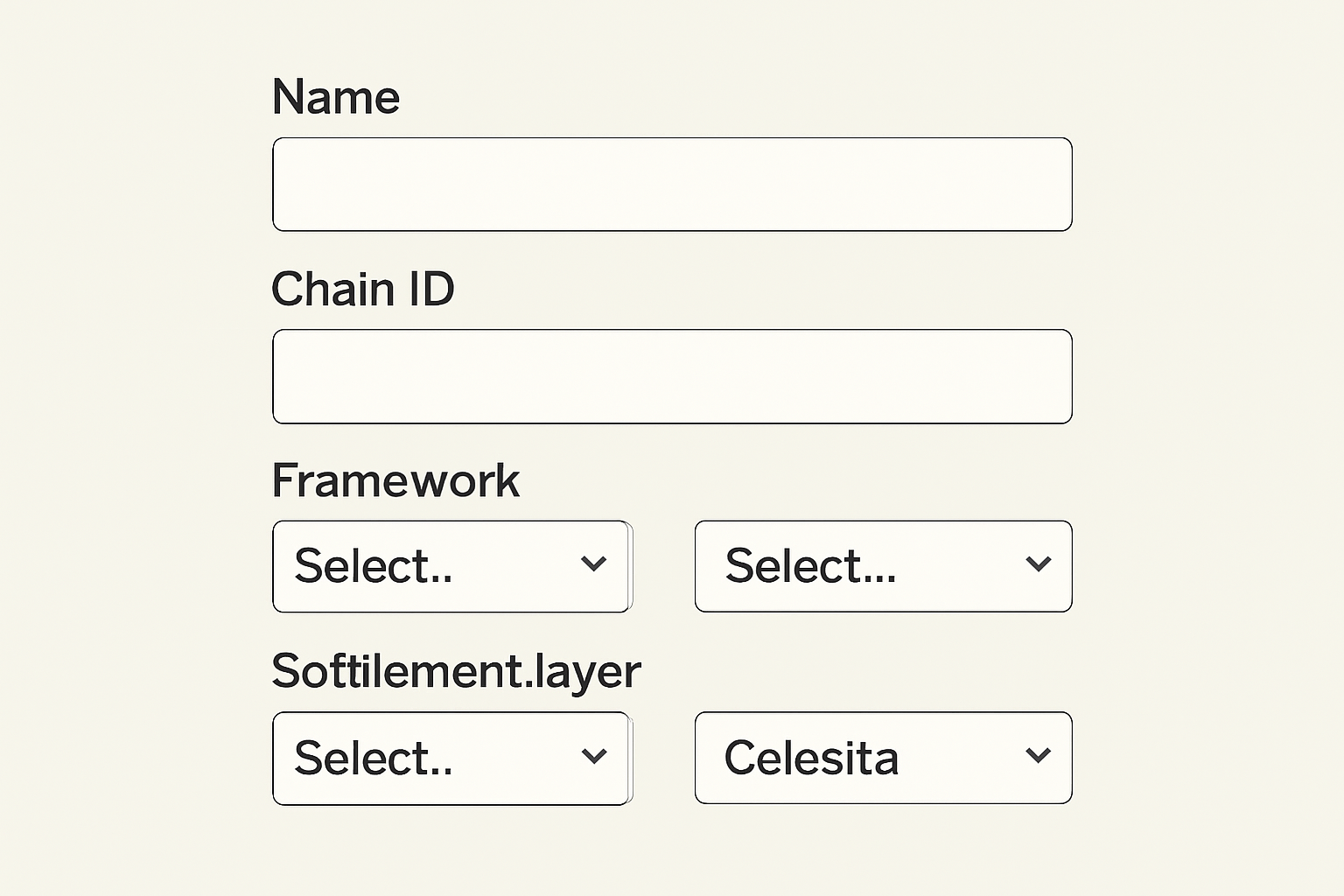 A digital form with fields for name, chain ID, and dropdowns for framework, settlement layer, and Celestia as DA layer